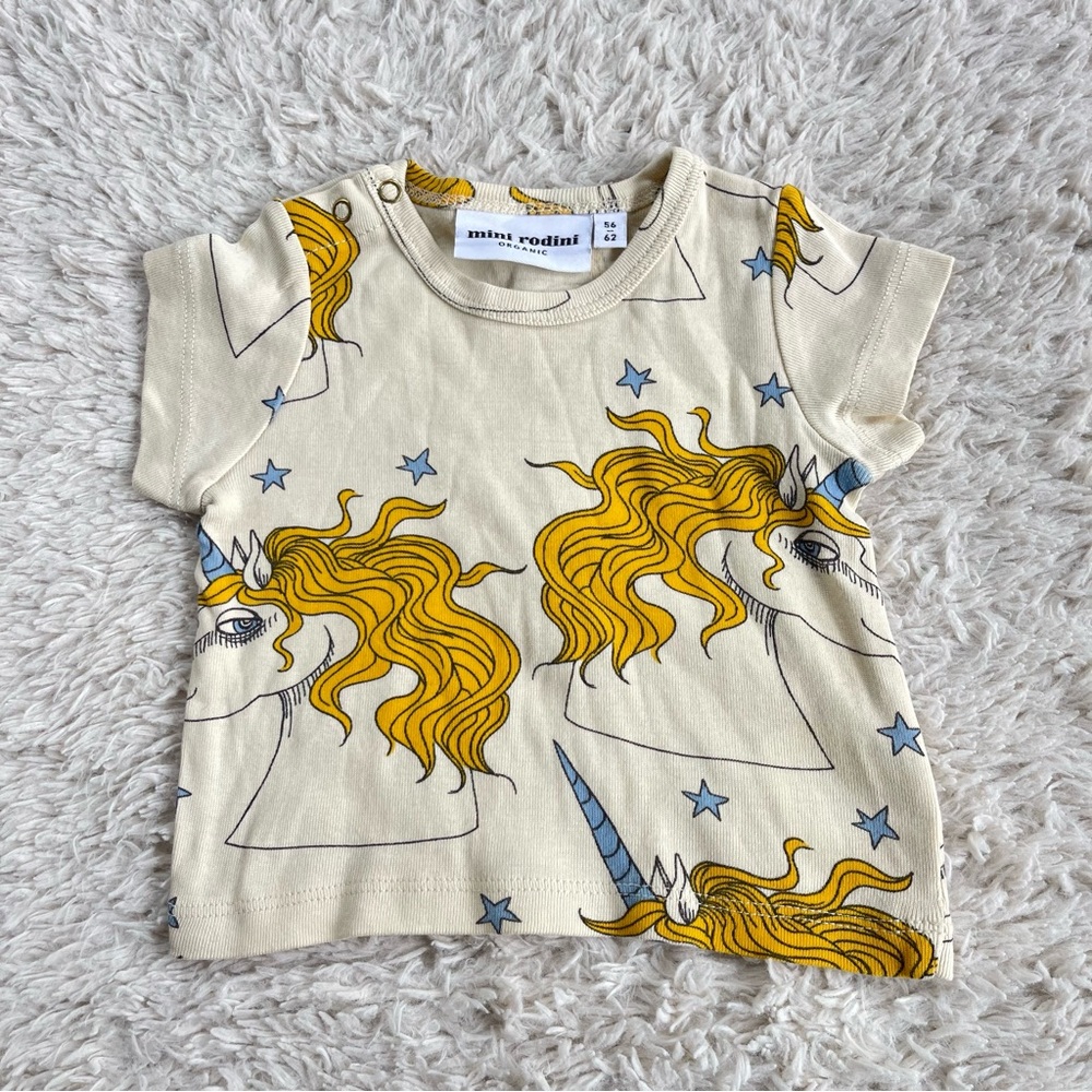 Mini Rodini Cream and Yellow Unicorn Tee